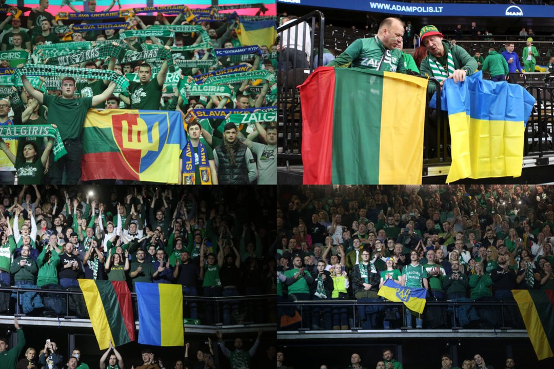  Kauno „Žalgirio“ sirgaliai išreiškė palaikymą Ukrainai per rungtynes su Serbijos klubu.<br> lrytas.lt koliažas.