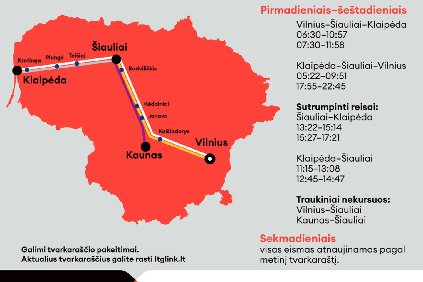 Nuo pirmadienio keisis dalies traukinių tvarkaraštis maršrutuose Vilnius–Klaipėda, Vilnius–Šiauliai, Kaunas–Šiauliai, Radviliškis–Klaipėda.<br>Pranešimo autorių nuotr.