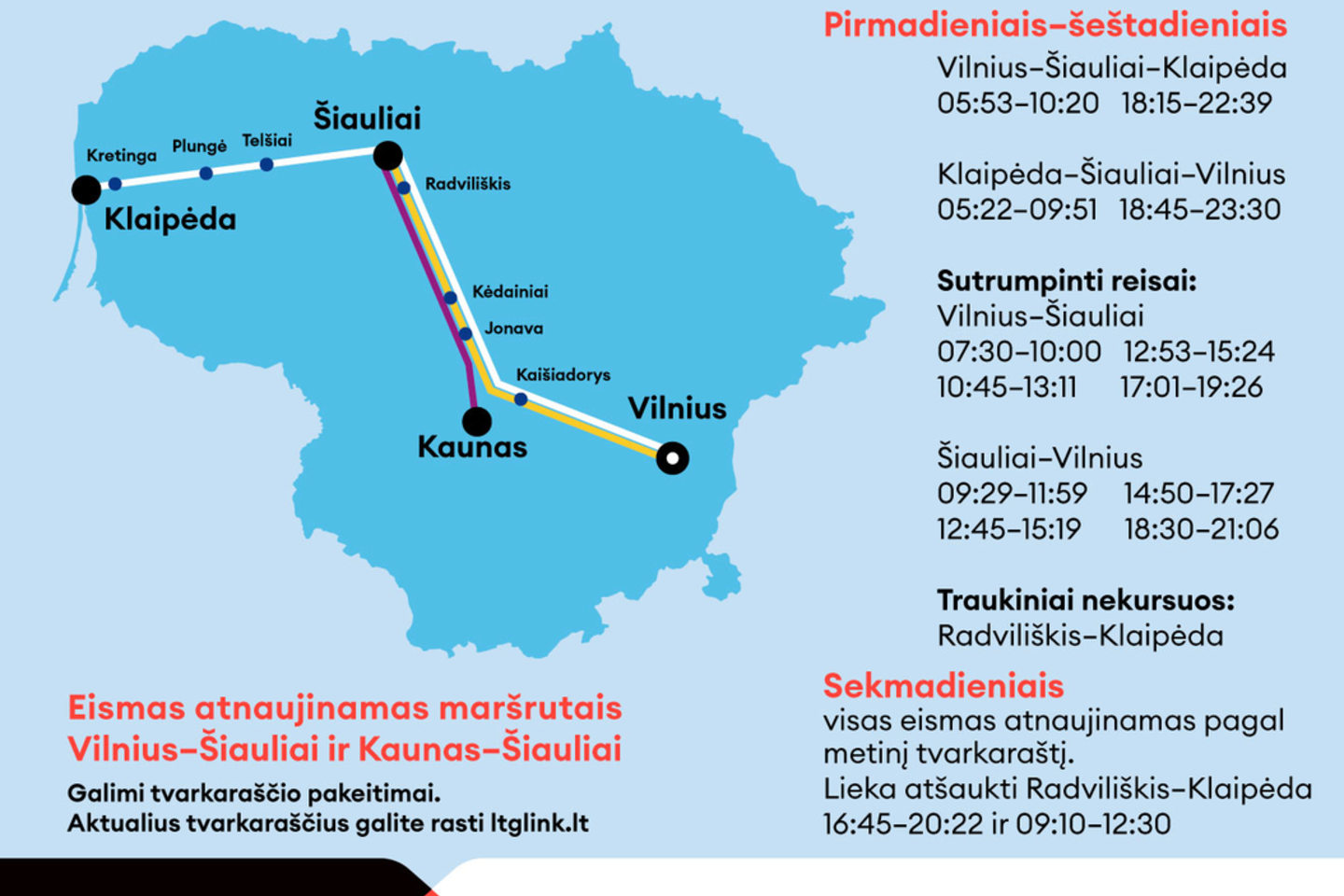 Nuo pirmadienio keisis dalies traukinių tvarkaraštis maršrutuose Vilnius–Klaipėda, Vilnius–Šiauliai, Kaunas–Šiauliai, Radviliškis–Klaipėda.<br>Pranešimo autorių nuotr.
