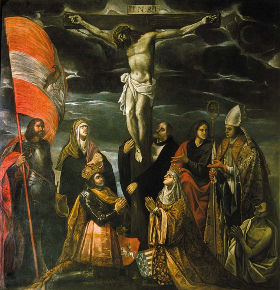 XVII a. tapytas Tommaso Dolabella darbas: Vladislovas Jogaila ir Jadvyga prie kryžiaus.<br>Wikipedios nuotr.