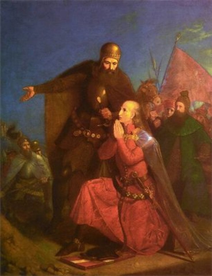Vytautas kviečia Jogailą į Žalgirio mūšį. (Jano Matejkos paveikslas).<br>Wikipedios nuotr.