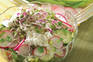 Ridikėlių ir agurkų salotos su grūdėta varške: gardu, sveika ir pavasariška