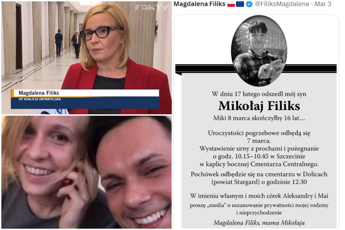Po to, kai Lenkijos valstybini radijas atskleidė opozicijoje esančios parlamentarės Magdalenos Filiks sūnaus tapatybę atskleidžiančias detales, 15-metis nusižudė.<br>„Twitter“ nuotr.