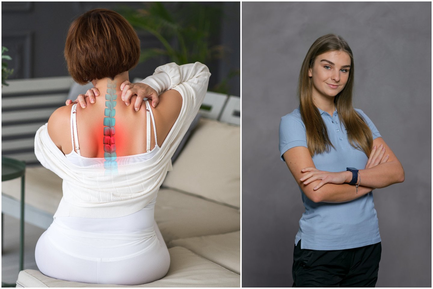 Kineziterapeutė paaiškino, kas sukelia nugaros skausmą tarp menčių.<br>lrytas.lt koliažas