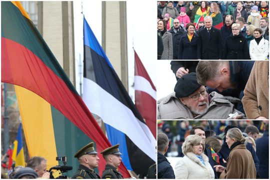 Prastas oras nesutrukdė vėliavų pakėlimo ceremonijai: minioje – pirmoji šalies pora, V. Landsbergis su G. Landsbergiu, ministrai ir kiti svečiai