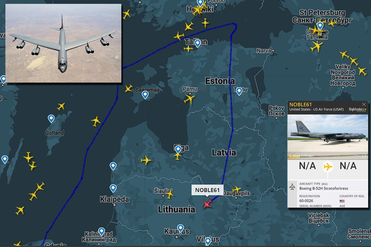  Kaip matyti iš svetainės „FlightRadar24“ duomenų, kovo 11 d. vakarą Lietuvos oro erdvę aplankė legendinis JAV bombonešis „B-52 Stratofortess“.<br> Ekrano nuotr.