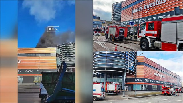 Užfiksavo gaisrą Šiaulių prekybos centre „Saulės miestas“: į dangų kilo juodi dūmų kamuoliai