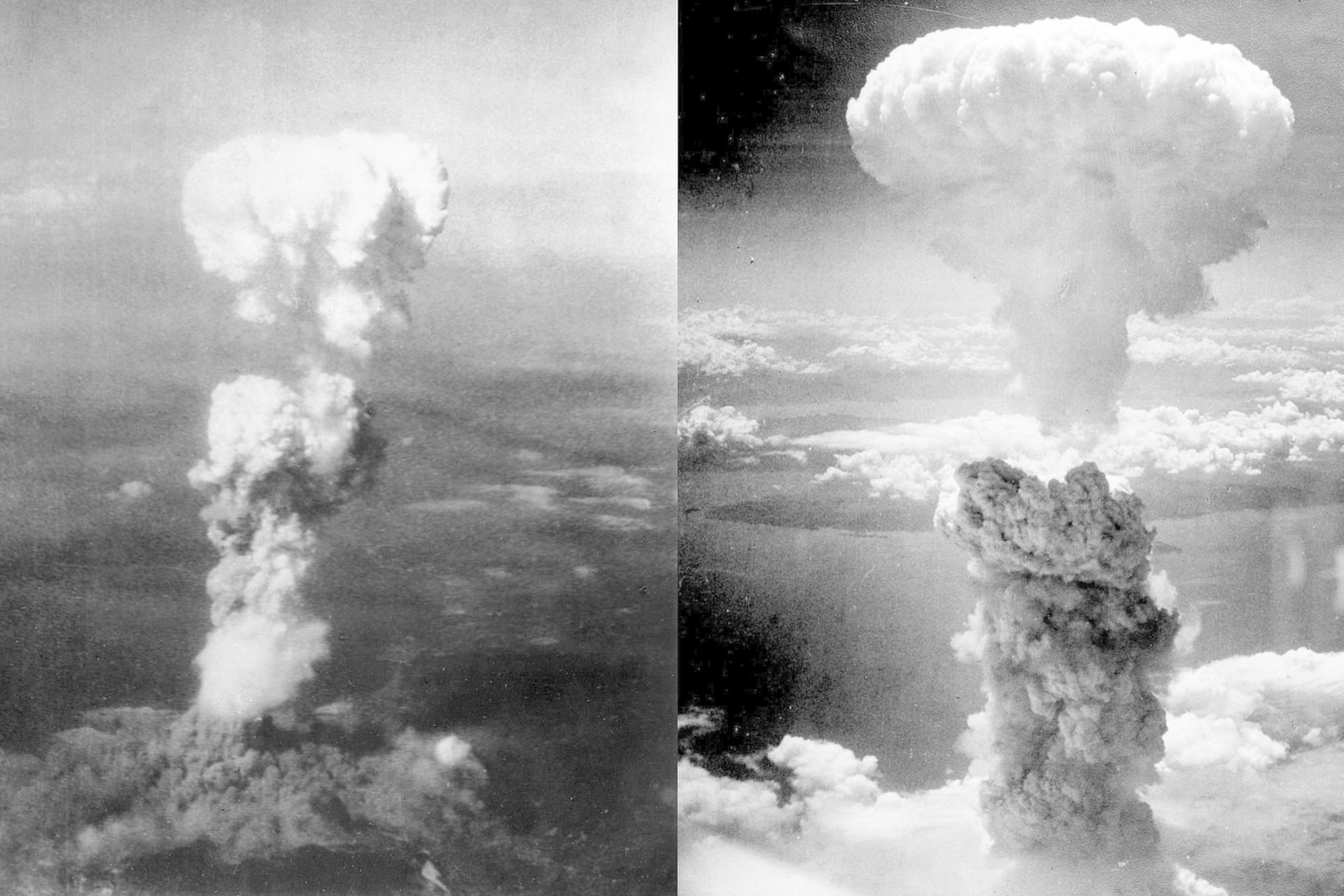  Atominės bombos grybo debesys virš Hirosimos (kairėje) ir Nagasakio (dešinėje)<br> Wikimedia commons