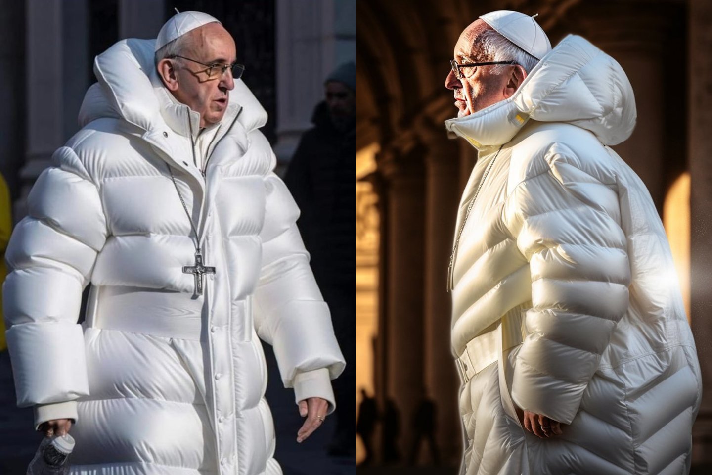  Atskleista, kaip atsirado internete žaibiškai paplitusi baltą pūkinį paltą vilkinčio popiežiaus Pranciškaus nuotrauka.<br> Socialinio tinklo nuotr.