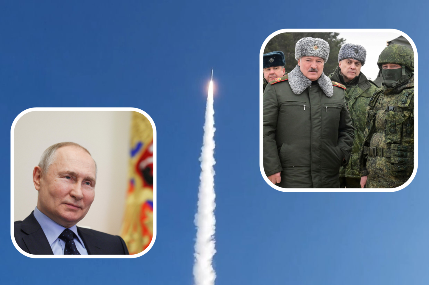 V. Putinas, A. Lukašenka, „Iskander“ raketa.<br>Cover imgages/AFP/AP/Scanpix nuotr., lrytas.lt koliažas.