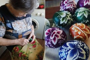 Auksarankė iš Jungėnų skutinėja tokius gražius margučius, kad niekas nenori jų daužyti