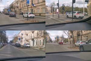 Susiaurintoje gatvėje automobilis neišsiteko – užfiksavo, kaip važiuoja dviračių taku