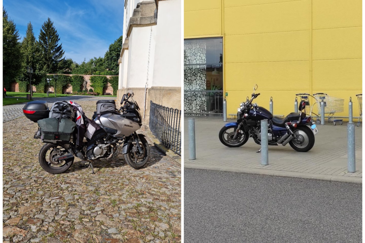  Motociklų parkavimas užsienyje ir Lietuvoje.<br> Skaitytojų nuotr.