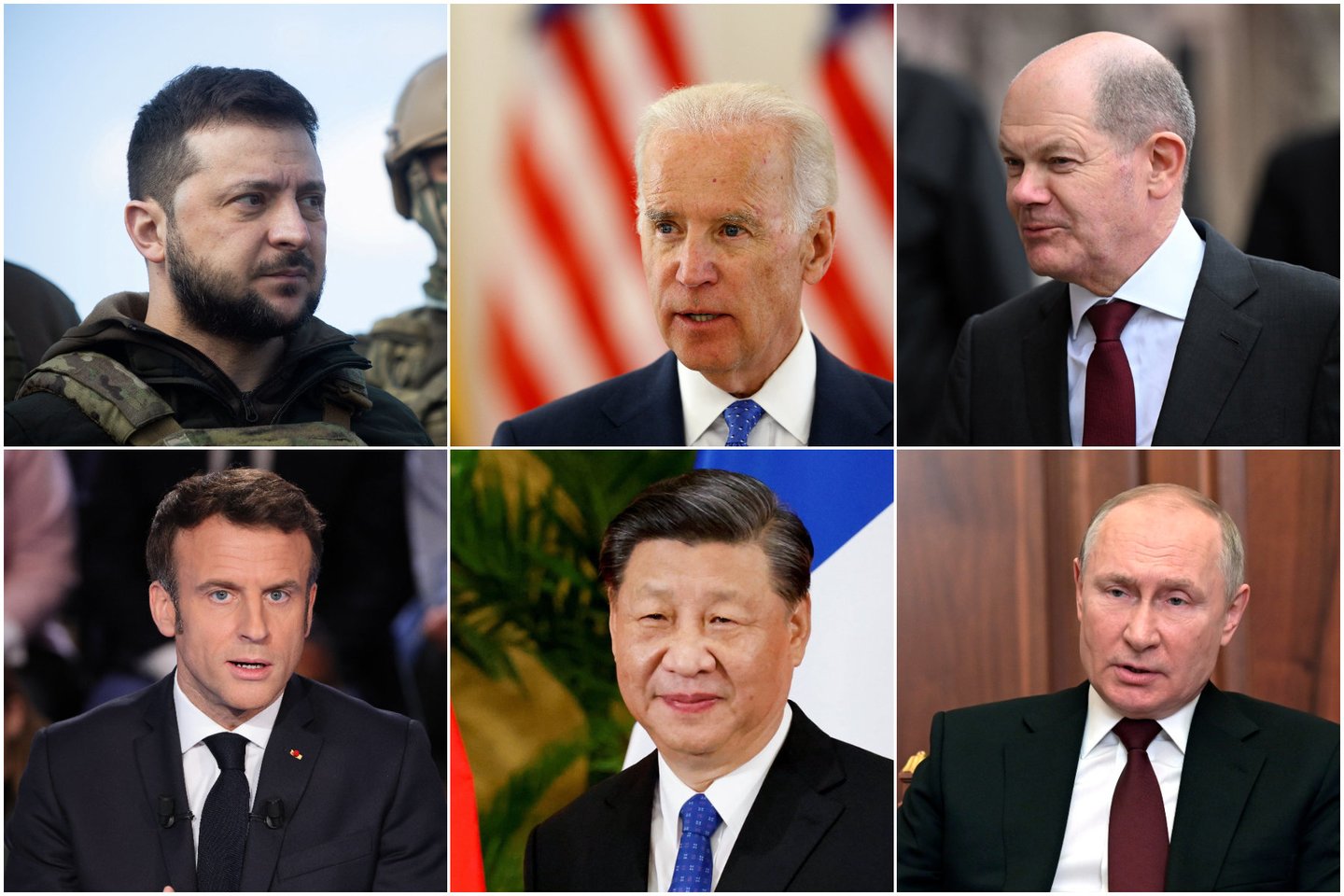 Volodymyras Zelenskis, Joe Bidenas, Olafas Scholzas, Emmanuel Macron, Xi Jinpingas, Vladimiras Putinas.<br>Lrytas.lt koliažas