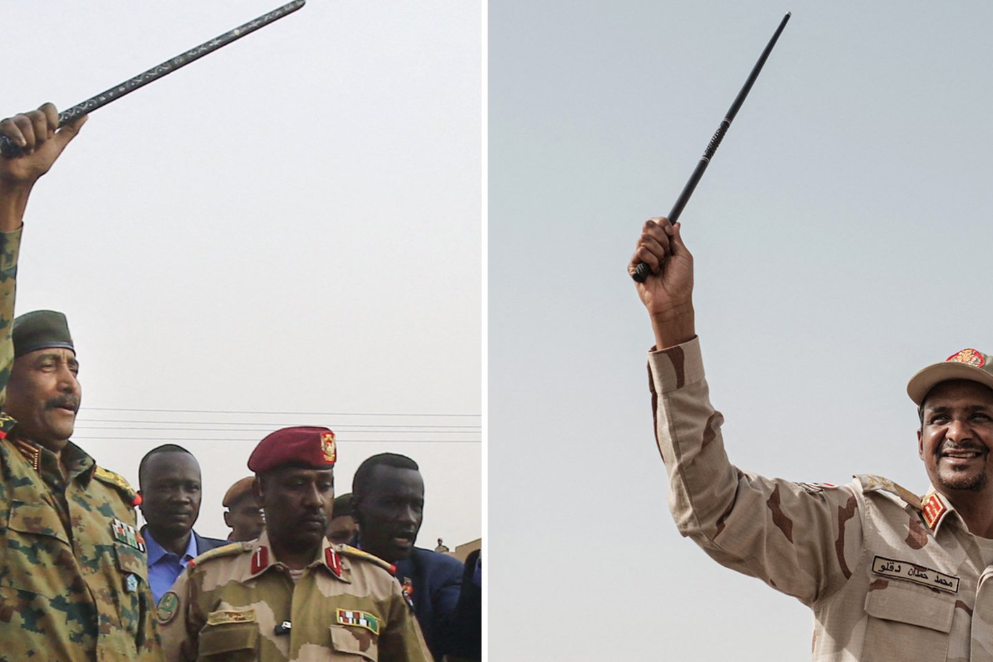Sudano valdančiosios karinės tarybos vadovas generolas Abdelis Fattah al-Burhanas (kairėje) ir Sudano sukarintų pajėgų (RSF) vadas Mohamedas Hamdanas Daglo (Hemedti).<br>AFP/Scanpix nuotr.
