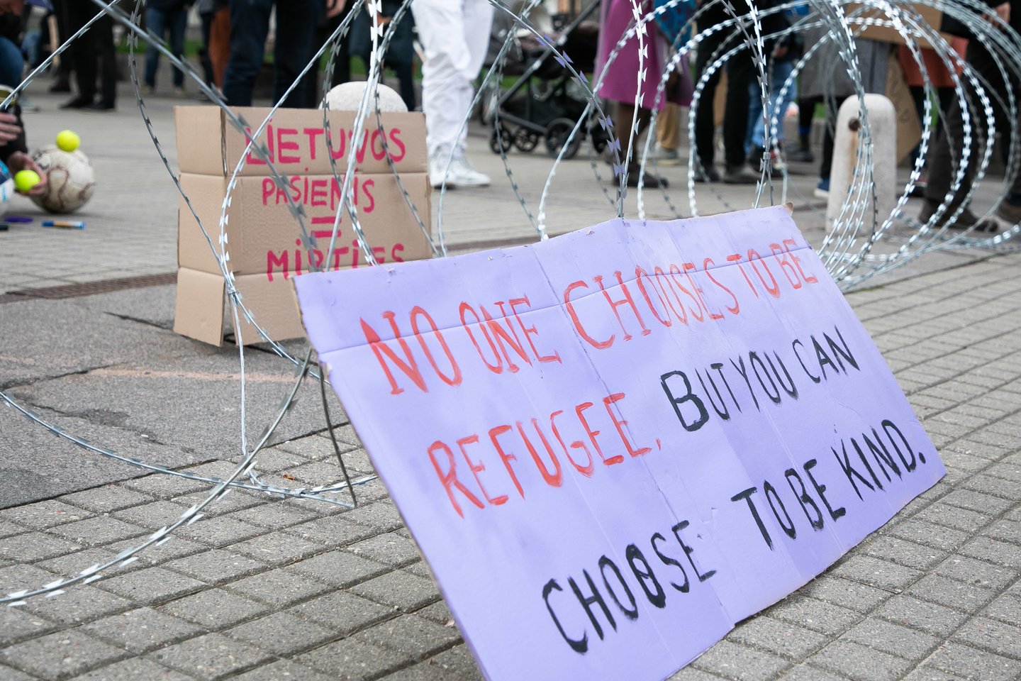  Penktadienį sostinės Daukanto aikštėje priešais Prezidentūros rūmus vyko Lietuvos žmogaus teisių centro bei savanorių organizacijos „Sienos grupė“ organizuotas protestas dėl migrantų apgręžimo politikos. <br> D.Labučio (ELTA) nuotr.