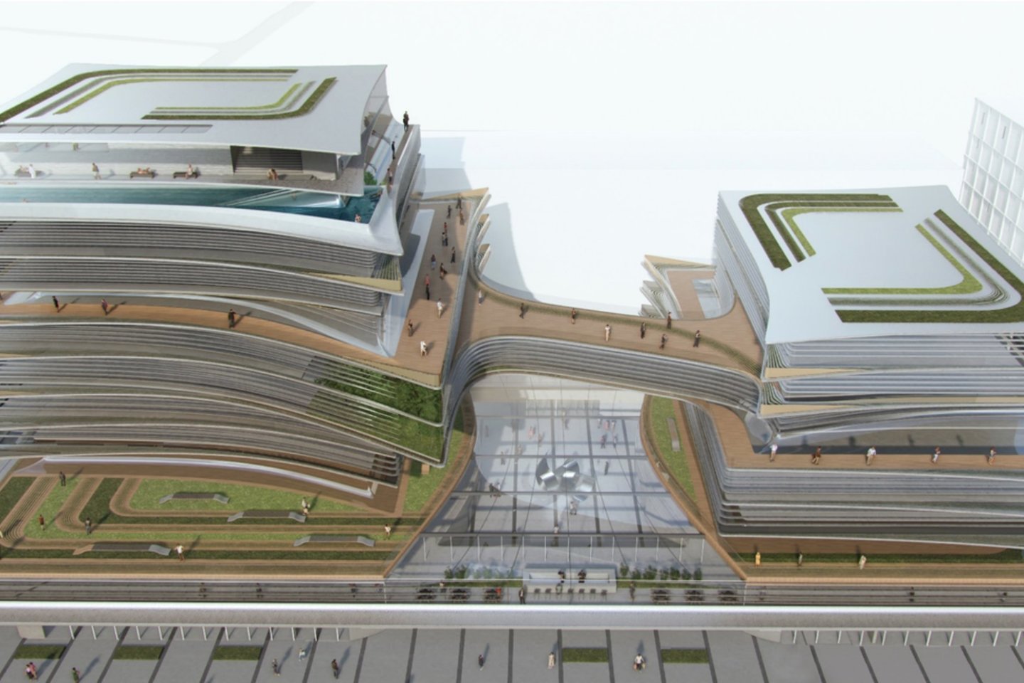 „Zaha Hadid Architects“ suprojektuotas verslo centras.<br>„Hanner“ vizualizacija