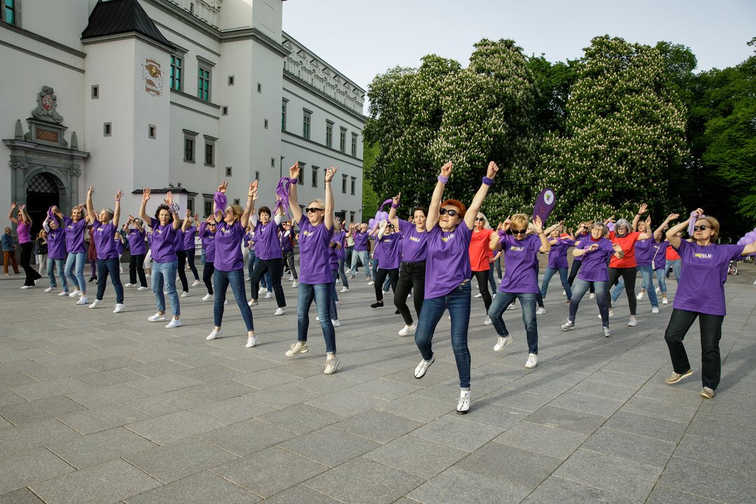 Šiais 2023 metais gegužės 19 naktį buvo apšviestas Valdovų rūmų fasadas, o 19 dienos popietę violetine atributika pasidabinęs Neringos Kirkilienės linijinių šokių kolektyas kvietė prisijungti prie nuotaikingo flashmobo – grupinio šokio.<br> L. Masio nuotr.