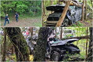 Tragiška avarija Vilniaus rajone: gelbėtojai iš tarp medžių įstrigusio elektromobilio ištraukė žuvusį žmogų