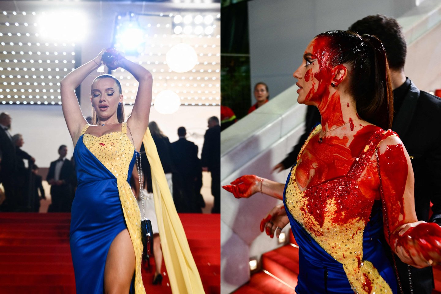 Kanų kino festivalis neapsiėjo be incidentų: Ukrainos vėliavos spalvų suknelę vilkinti moteris apsipylė dirbtiniu krauju.<br>Lrytas.lt koliažas.