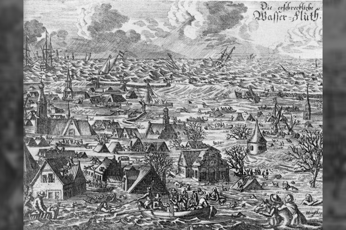 Asociatyvinė iliustracija: Burchardi potvynis (dar vadinamas antruoju Grote Mandrenke) – potvynis, kuris 1634 m. spalio 11–12 d. naktį nusiaubė Šiaurės Fryzijos ir Ditmaršeno (dabartinėje Vokietijoje) pakrantę.<br> Wikimedia commons.