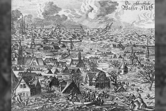 Asociatyvinė iliustracija: Burchardi potvynis (dar vadinamas antruoju Grote Mandrenke) – potvynis, kuris 1634 m. spalio 11–12 d. naktį nusiaubė Šiaurės Fryzijos ir Ditmaršeno (dabartinėje Vokietijoje) pakrantę.