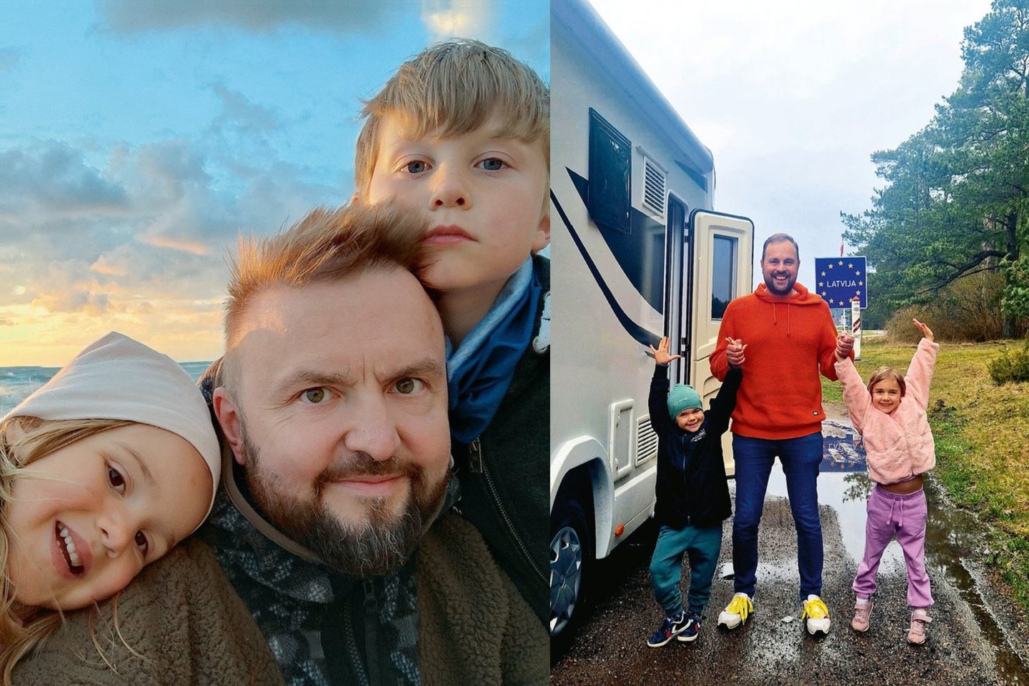 Stanislavas Stavickis-Stano ir Jogaila Morkūnas su vaikais leidosi į kelionę kemperiu.<br> lrytas.lt koliažas.