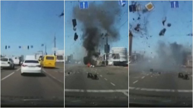 Tragiškas vaizdas iš Kyjivo gatvių: vairuotojui prieš nosį nukritusi raketos nuolauža sukėlė sprogimą