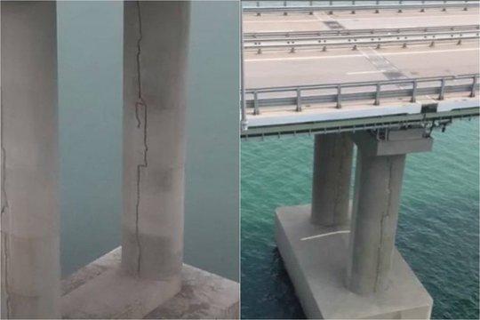 Socialiniuose tinkluose pasirodė nuotraukos, kuriose matomi Krymo tilto atramose atsiradę įtrūkimai.