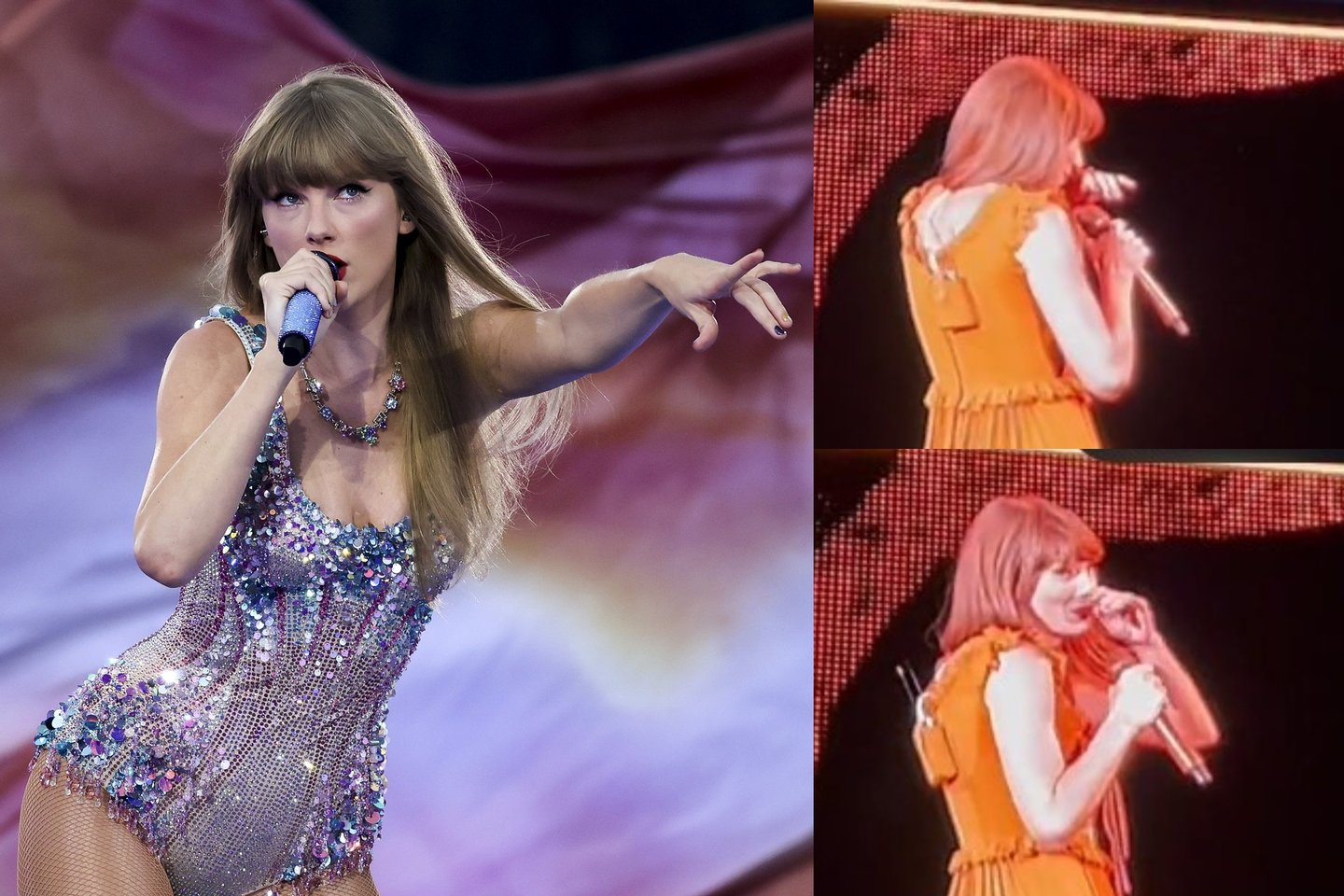 Taylor Swift koncerte – nemalonus incidentas: atlikėja scenoje prarijo vabalą.<br> lrytas.lt koliažas.