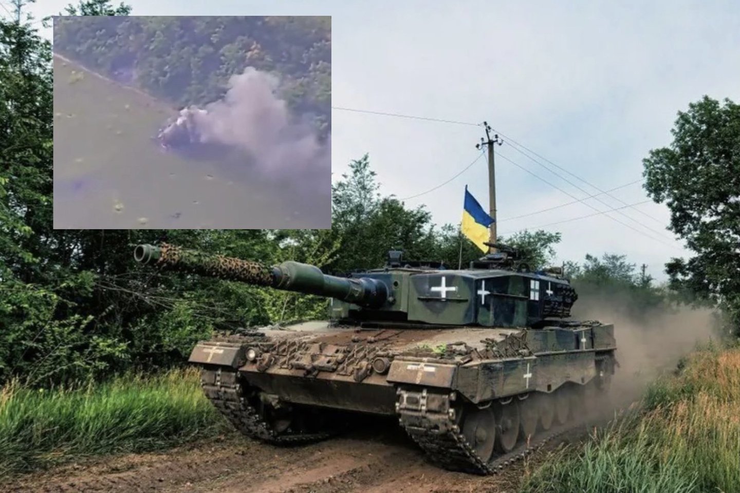 Trečiadienį per Rusijos artilerijos smūgį į ukrainiečių karinę koloną Novopokrovkos mieste ar jo apylinkėse (apie 60 km į pietryčius nuo Zaporožės miesto) buvo sunaikintas bent vienas tankas „Leopard 2“.<br>Socialinių tinklų nuotr., Lrytas.lt mont.