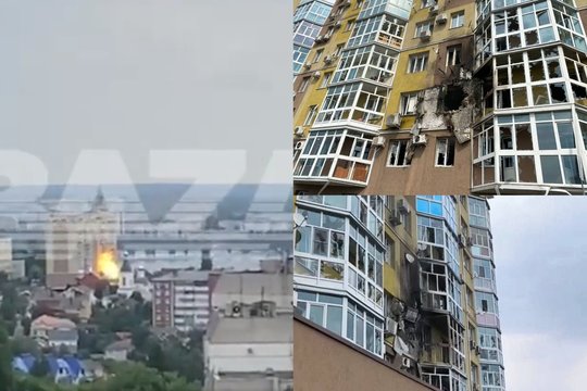 Skelbiama, kad Rusijos Voronežo mieste dronas pataikė į gyvenamąjį pastatą.