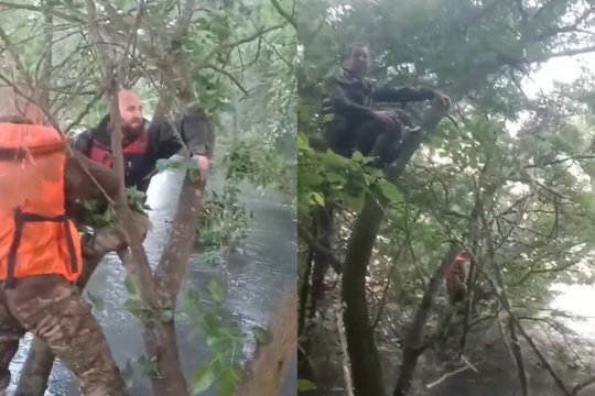 Rusijos „karo korespondentas“ paskelbė vaizdo įrašą, kuriame matyti, kad rusų kariai nuo potvynio gelbėjasi sėdėdami ant medžių.