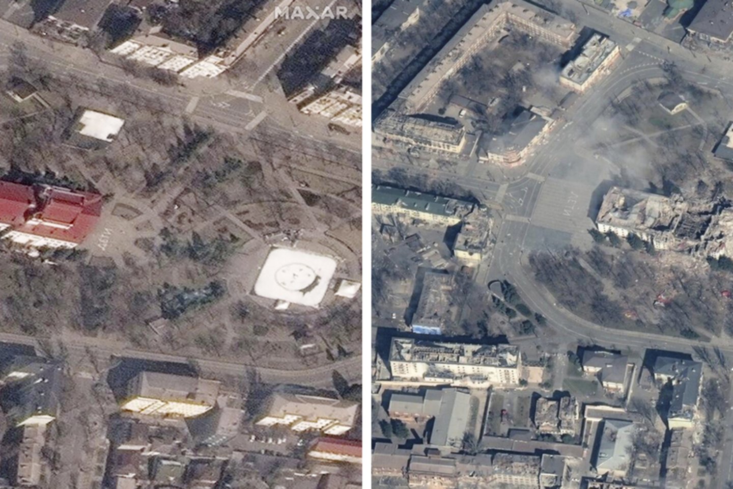 Šiame „Maxar Technologies“ pateiktų nuotraukų koliaže matyti Mariupolio dramos teatras Ukrainoje. 2022 m. kovo 14 d., kairėje, prieš Rusijos bombardavimą ir po jo kovo 29 d.<br>AP/Scanpix nuotr.