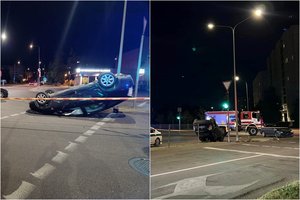 Vilniuje susidūrus „Subaru“ ir „Toyota“ automobiliams vienas jų apvirto ant stogo