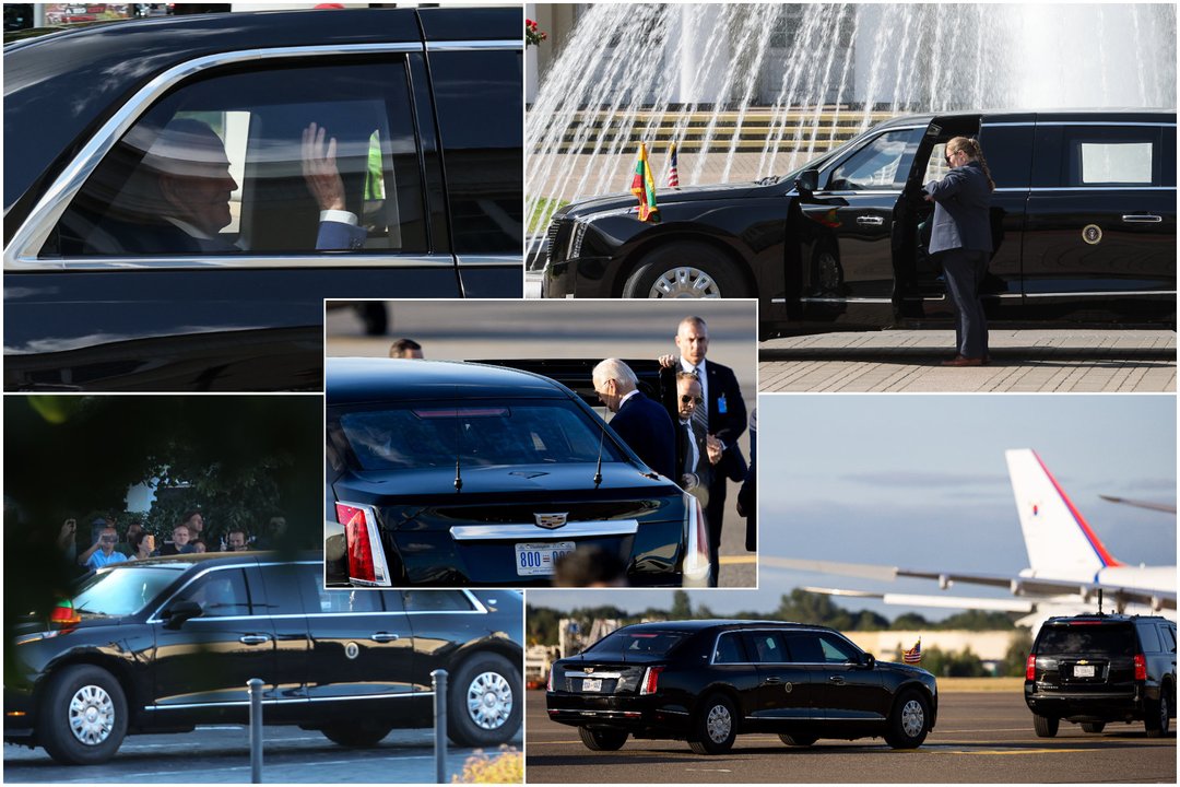 Specialiai JAV prezidentui Joe Bidenui sukurtas limuzinas „Cadillac“ iš tolo traukia dėmesį. <br>Lrytas.lt koliažas