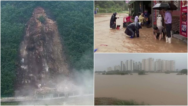 Vaizdai iš Pietų Korėjos po tris dienas šalį siaubusių kritulių: gyvenvietės skęsta vandenyje