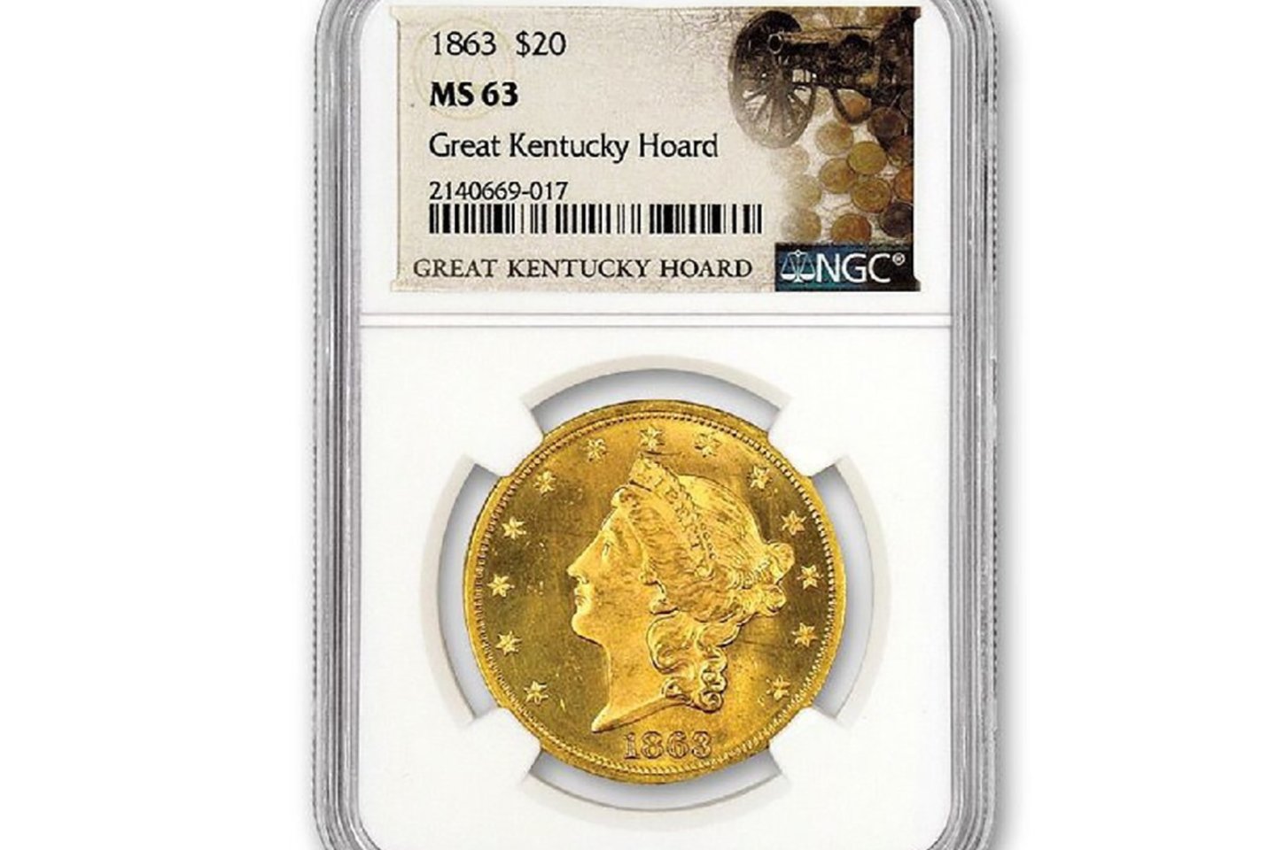  Šioje GovMint.com pateiktoje nuotraukoje pavaizduota Kentukio kukurūzų lauke rasta 1863 m. 20 JAV dolerių auksinė „Liberty“ moneta.<br> GovMint.com nuotr.
