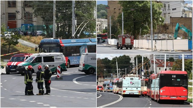 Vaizdai iš įvykio vietos: Vilniuje pažeidus dujotiekį sustabdytas eismas, evakuoti žmonės