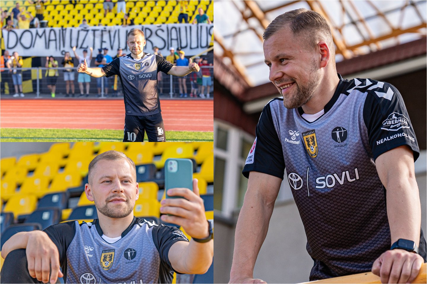 Domantas Šimkus apsivilko „FA Šiauliai“ komandos marškinėlius.<br>„FA Šiauliai“ nuotr. koliažas.