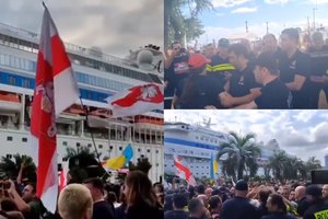 Į Sakartvelą atplaukusį Rusijos kruizinį laivą protestuotojai sutiko priešiškai: apmėtė kiaušiniais ir buteliais