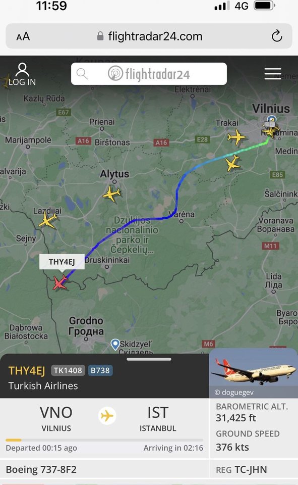 Lėktuvas Vilniaus oro uoste pakilo apie 11:40 val., o Stambule nusileido 14:18 val.<br>Ekrano nuotr.