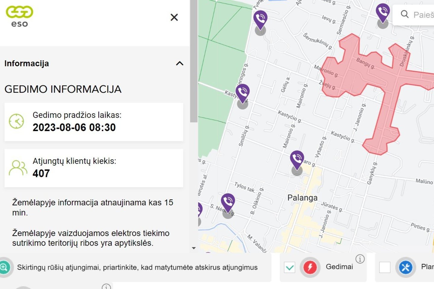 Palangos mieste liūtis lydėjo ir elektros sutrikimai.<br>Ekrano nuotr.