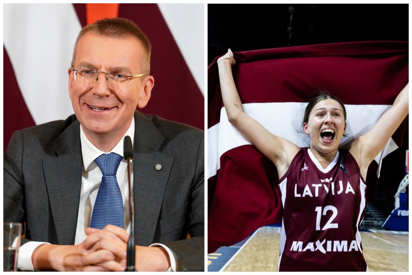  Edgaras Rinkevičius (Latvijos prezidentas, kairėje) ir Vanesa Jasa (Latvijos dvidešimtmečių rinktinės žaidėja, dešinėje)<br> Scanpix ir FIBA nuotr.