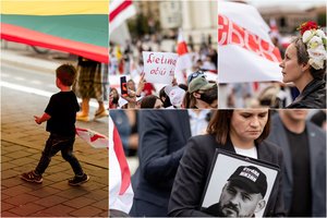 Vilniuje minimos suklastotų Baltarusijos prezidento rinkimų metinės: Katedros aikštėje susirinko keli šimtai žmonių