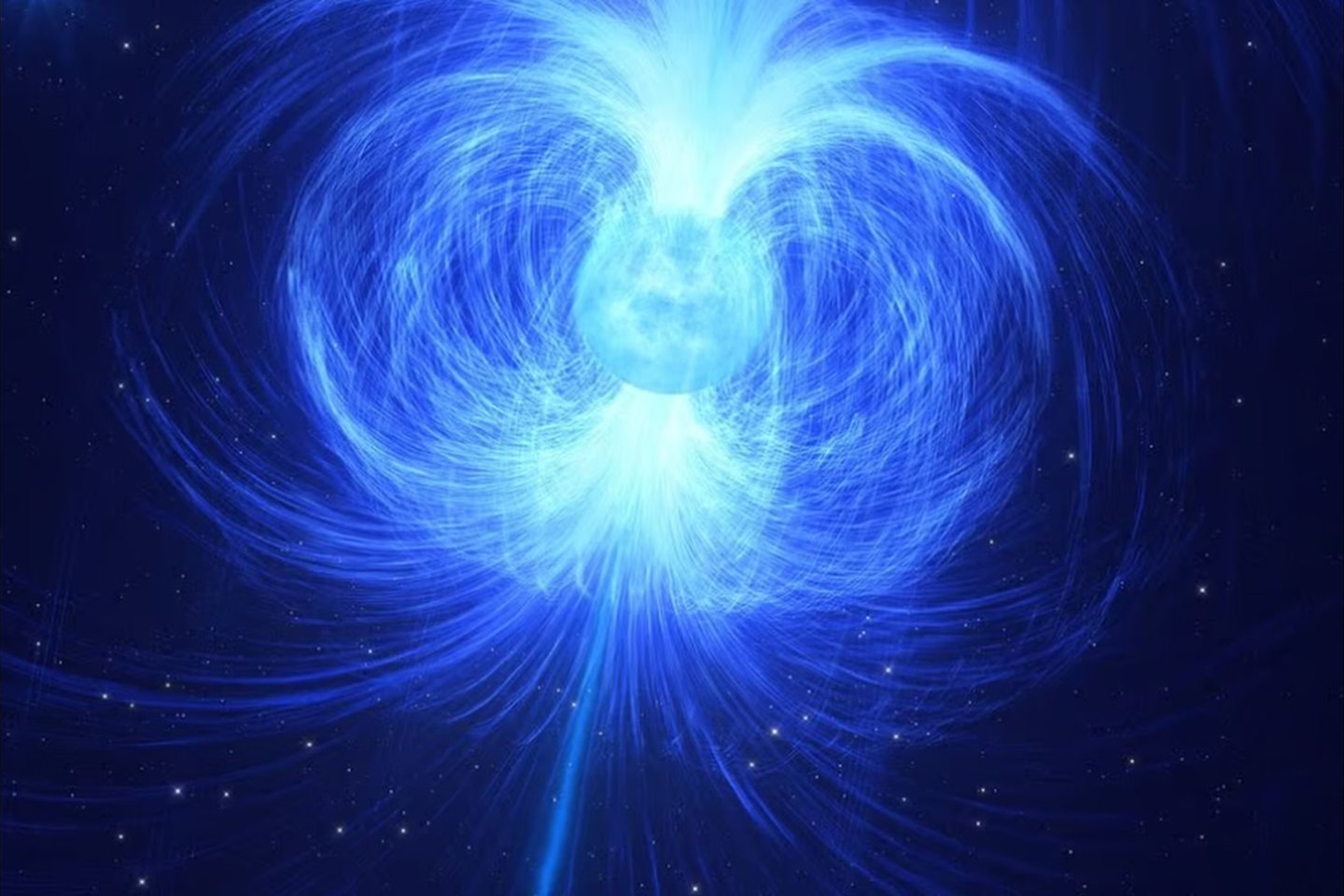 Dailininko sukurta naujo tipo astronominio objekto – masyvios magnetinės helio žvaigždės – iliustracija.<br>ESO / L.Calcada iliustr.
