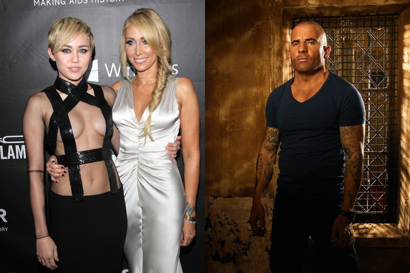 Miley Cyrus mama Tish susituokė su serialo „Kalėjimo bėgliai“ žvaigžde D. Purcelliu.<br>Lrytas.lt koliažas.