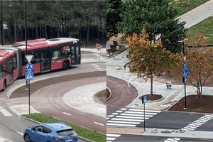 Keisti sprendimai Vilniuje: medį paliko vidury pėsčiųjų perėjos, žiede neįsitenka autobusai