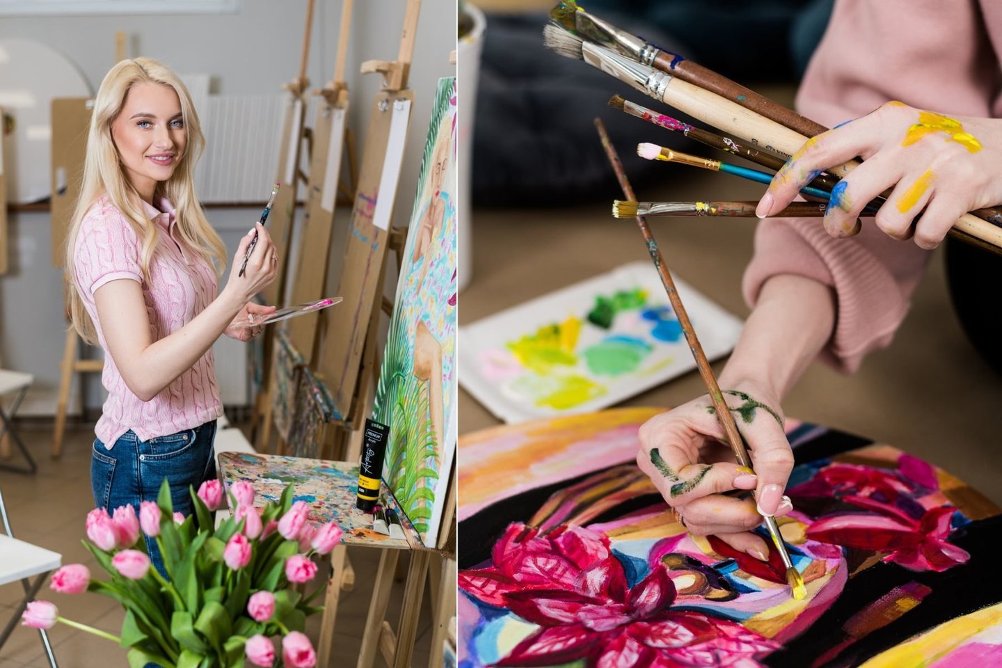 Iveta Jurkšienė išskyrė pagrindinius vaikų mokymosi rezultatus lemiančius iššūkius, kuriuos šeimoms padeda spręsti tapybos užsiėmimai.<br>lrytas.lt koliažas