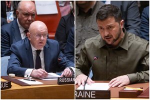 Iš V. Zelenskio pasityčioti bandęs Rusijos atstovas JT Saugumo Taryboje buvo nuleistas ant žemės